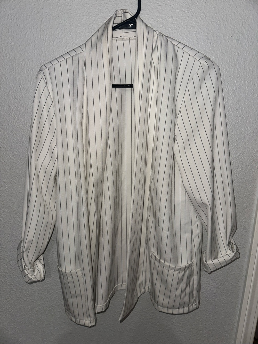 White Pinstripe Open-Front Blazer Jacket